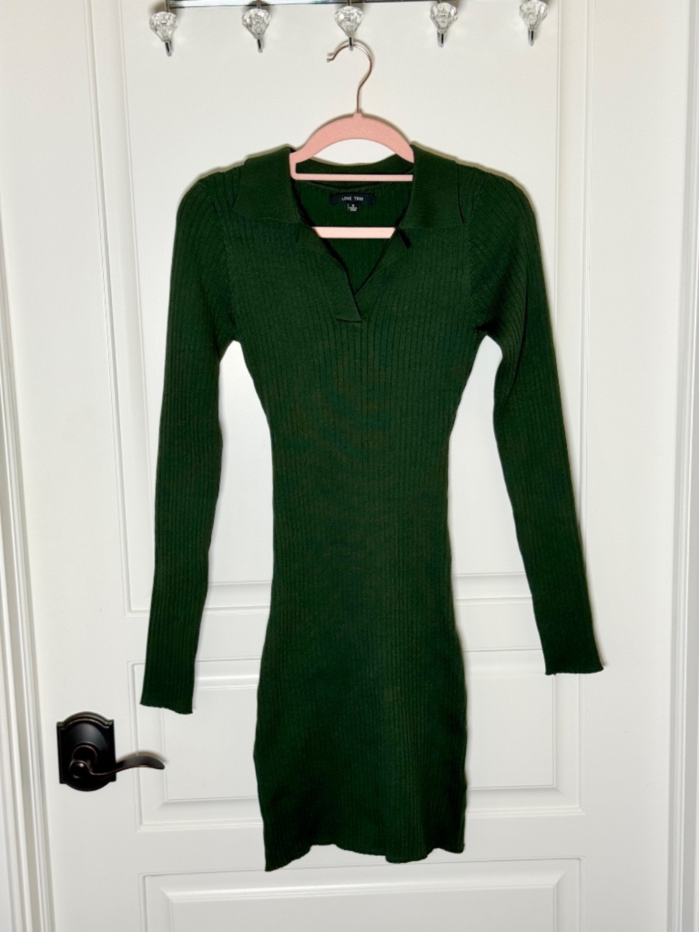 DARK GREEN LONG SLEEVE COLLARD RIBBED MINI DRESS SIZE SMALL - NWOT - Picture 10 of 16